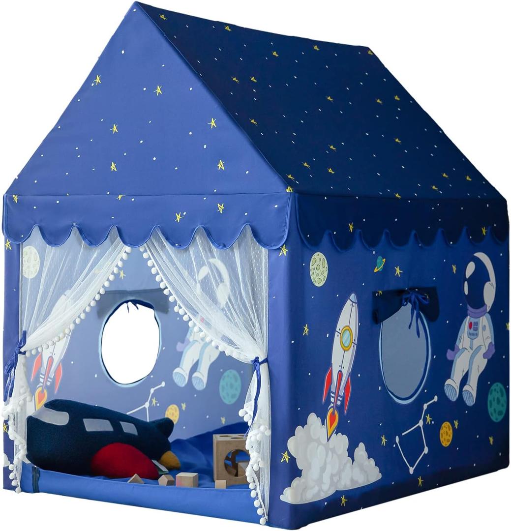 Kids Play Tent Playhouse Indoor Tent for Kids Boys Toddler, Large Castle Play House Bed Tents Spaceship Outer Space Rocket Blue, Kid Toys for Boy Girl Birthday House Gift, Blue