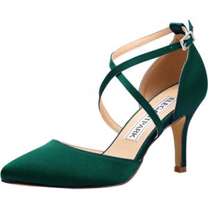 ELEGANTPARK Heels for Women Closed Toe Strappy Pointed High Heel Pumps Satin Pointy Wedding Evening Dress Shoes (6, Dark Green)