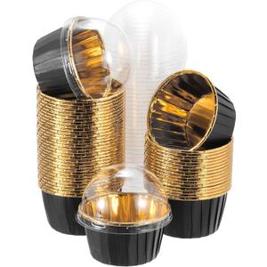uxcell 50 Pcs Single-sided Aluminum Foil Cupcake Liners with Lids, Greaseproof Muffins Baking Cupcakes for Wedding Birthday Party Decoration, Black (Round)