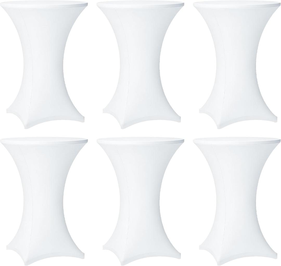 Cocktail Table Covers - 6 Pack 32x43 Inch Table Cloth - White Fitted Stretch Spandex Round High Top Tablecloth for Party, Bar, Birthday, Pub, Banquet
