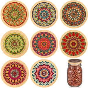 Beeveer 8 Pcs Mason Jar Lids for Regular Mouth Bamboo Mandala Decorative Storage Yogurt Jar Lids 2.76 Inch with Airtight Silicone Sealing Rings Reusable for Round Canning