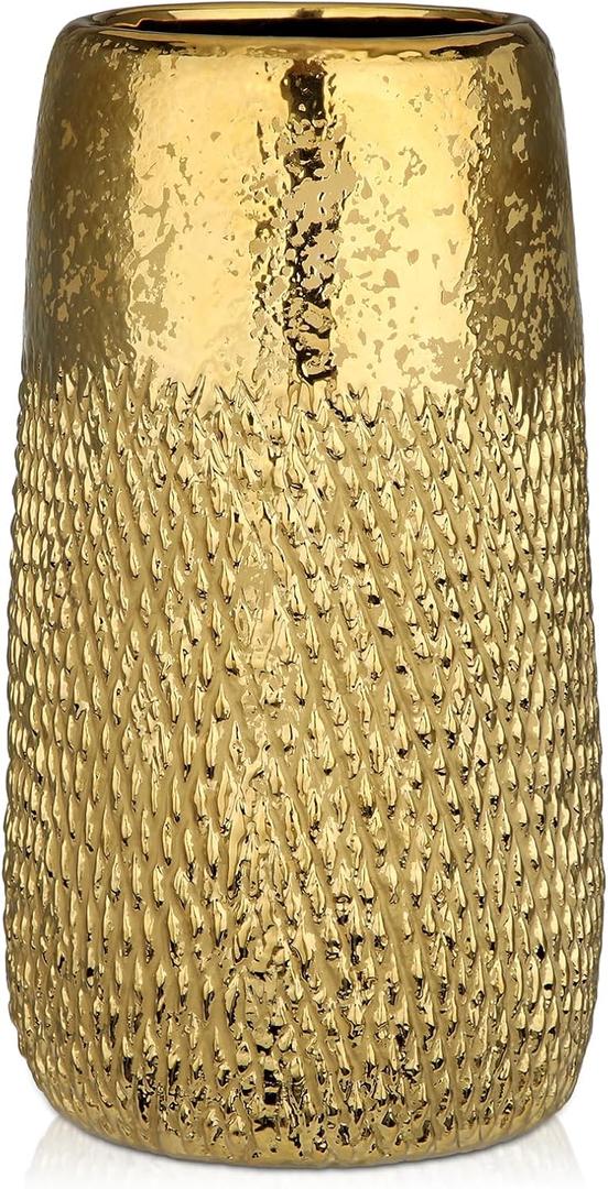 10.2" Ceramic Flower Vintage Vase - Gold Textured Metal Ceramic Vase for Farmhouse Modern Home Decor Pampas Grass Centerpieces Living Room Bedroom Office Decoration