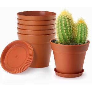 4 Inch Plastic Plant Pots 6 Pack, Small Flower Pots with Drainage Holes and Tray, Thickened Indoor Planters Seedlings Nursery Pots, African Violet, Succulent and All House Plants, Terracotta