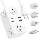 Kakyanill European Travel Plug Adapter, EU/UK/US Travel Plug Adapter Power Strip, 6 AC Outlets, 4 USB Ports (2 USB C), 3ft Wrapped Around Extension Cord, Universal Travel Adapter