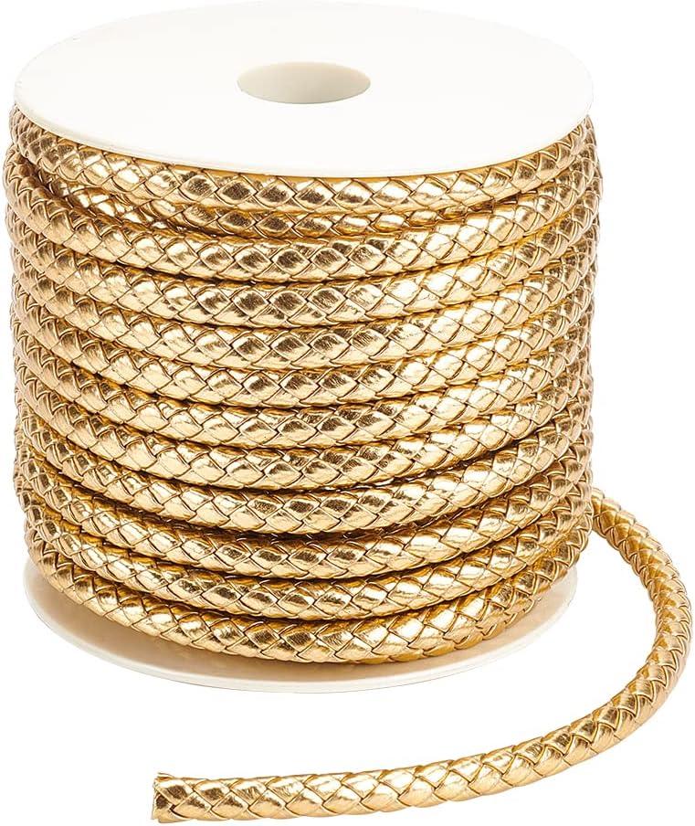 BENECREAT 16Yards Gold Round Braided Leather Cord, 7mm Wide PU Imitation Leather Beading Cord Rope for Jewelry Making, Necklaces, Bracelets, Wraps, Crafts