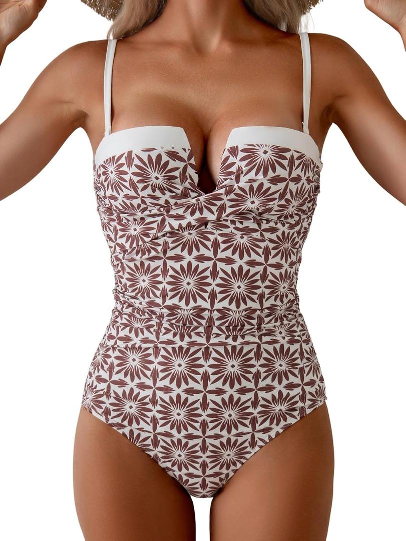 Aidonger Women's Push Up Wrap Swimsuit Tummy Control One Piece Bathing Suits Bandeau Color Block Slimming Swimwear, Large