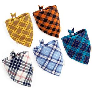 5PCS Dog Bandanas with Button - Thick Triangle Bibs Dual Layer Soft Cotton Scarves for Small Medium Boy Girl Puppy Cat Pet Baby Square Plaid Printing Washable Kerchief Halloween Costumes Outfits (blue)