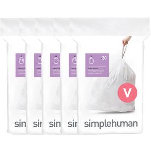 simplehuman Code V 100 Count, Dispenser Pack Custom Fit Liners, Drawstring Trash Bags, 16-18 Liter / 4.2-4.8 Gallon, White