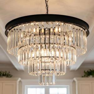 Black Crystal Chandeliers Modern Crystal Chandelier 4-Tier Dining Room Chandelier Round Large Contemporary Crystal Pendant Hanging Ceiling Light Fixtures for Living Room Bedroom Foyer Entryway W24''