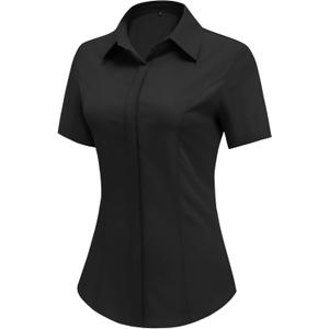 HOTOUCH Women Short Sleeve Button Down Shirts Business Work Fitted Collared Blouse Office Basic Summer Tops (Black, M)