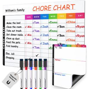 Magnetic Chore Chart Dry Erase Whiteboard Set - Pocket Charts for Multiple Kids, Teens & Adults (15"x 11.5"), Daily to-Do, Grocery, Notes (9"x 7") -Behavior Chart for Fridge & 6 Fine Tip Markers