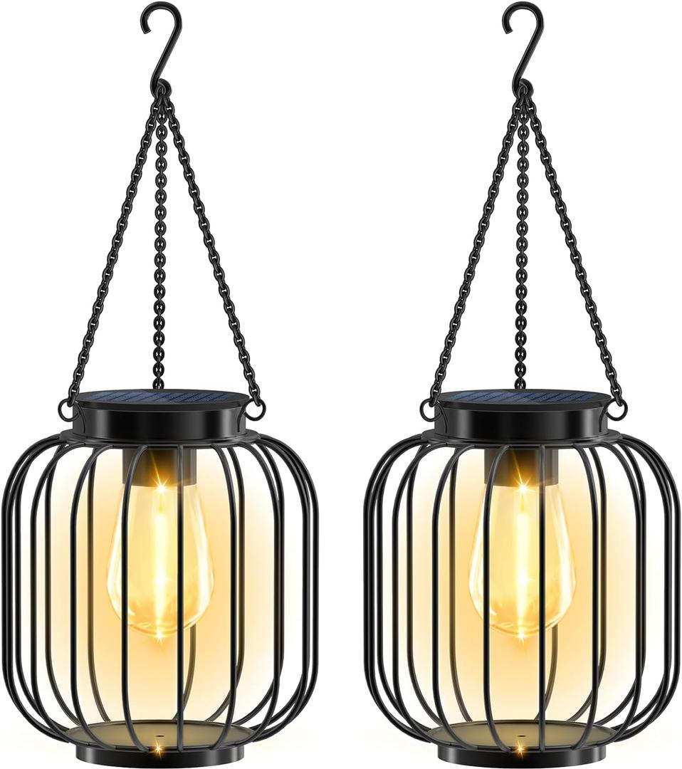 TomCare Solar Lantern Metal Solar Lights Outdoor Waterproof Hanging Outdoor Lanterns Decorative Outdoor Lighting for Outside Patio Garden Yard Pathway Porch, 2 Pack