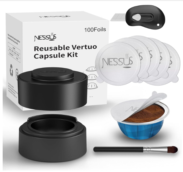 Nessus Reusable Pod Kit for Nespresso Pods Vertuo, Reuse Old Coffee Pods for Nespresso Vertuo: 100 Pcs Aluminum Foil Seal Lid, Holder, Brush, Refillable Vertuo Plus Next Capsule Machine(No Pods Come)