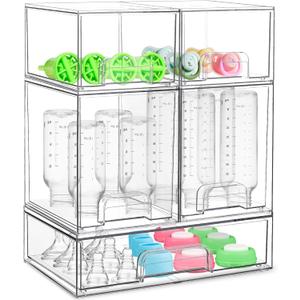 Baby Bottle Organizer for Countertop with Dust Protection, 5Pack Stackable Baby Organizers and Storage for Bottles, Clear Acrylic Container with Drawer for Kitchen, Cabinet, Vanity, Bathroom, Pantry