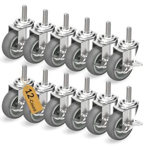 HOLKIE Caster Wheels 3 inch Locking Casters Set of 12, Threaded Stem 3/8" -16 x 1-1/2" (Diameter 3/8", Length 1-1/2") Swivel Heavy Duty Castors Gray
