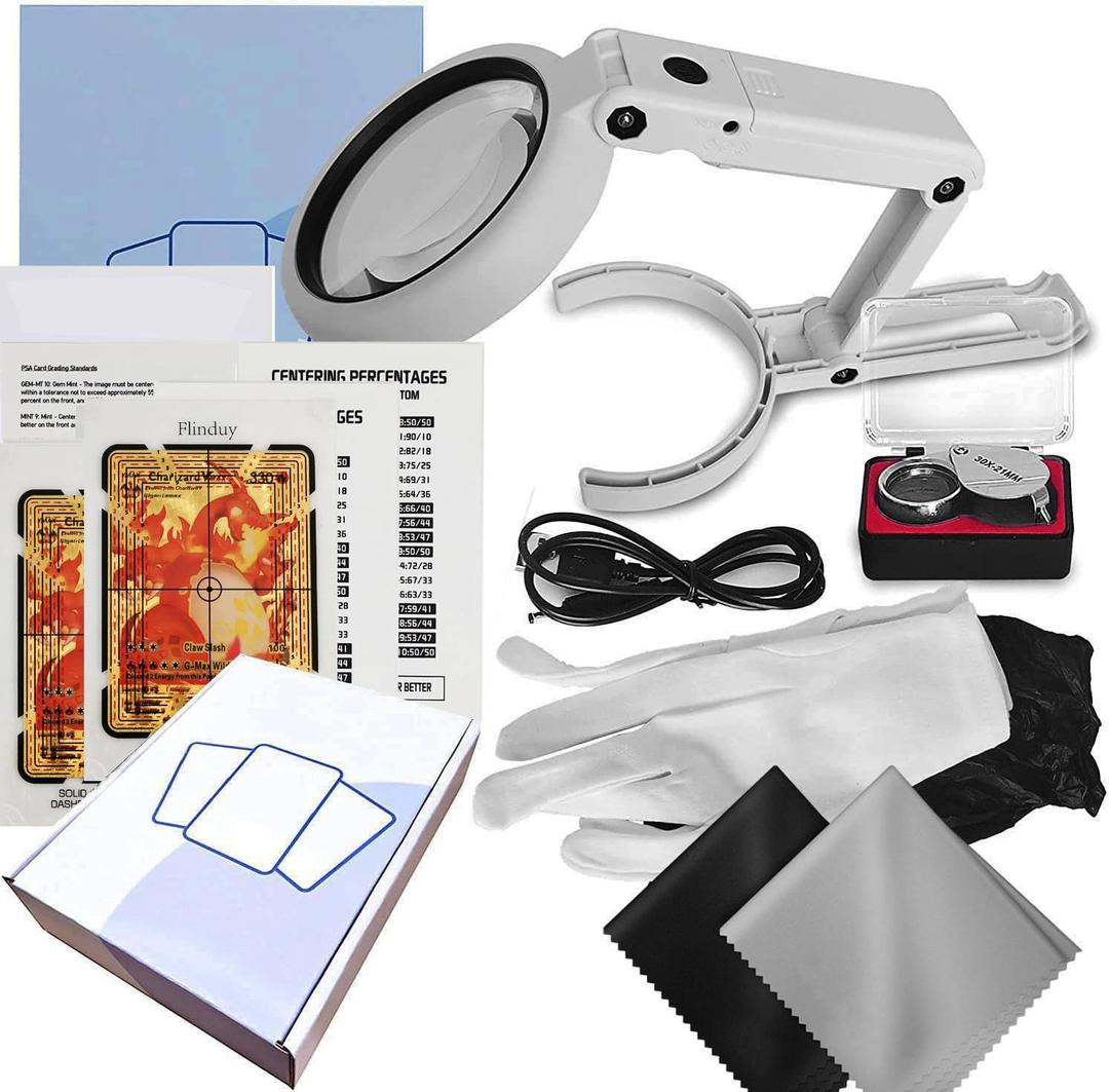 Flinduy Gem Mint Card Grading Tool for Pokemon - Card Centering Grading Tool Cleaning Tool Kit,Detailed Inspection Tools Set with LED