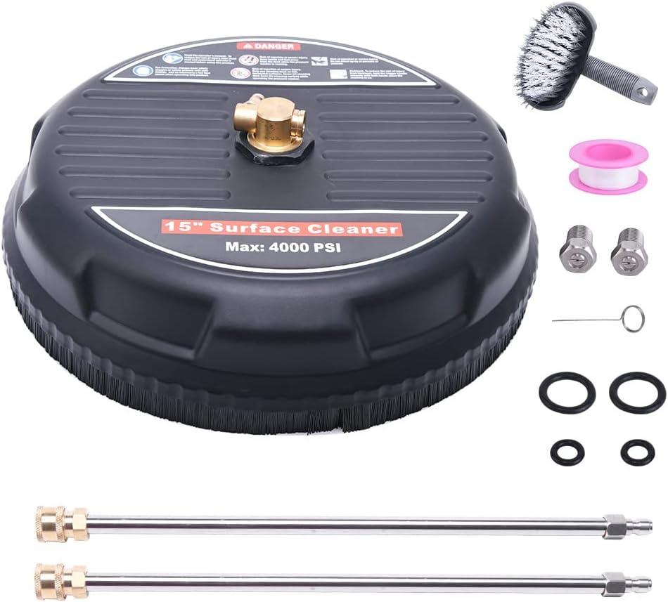 15" Pressure Washer Surface Cleaner, 15 Power Washer Attachment with 2 Extension Wands, 2 Replacememt Nozzles, 1/4" Quick Plug, for Driveways Sidewalks Patios Cleaning, Heavy Duty, Max 4000 PSI