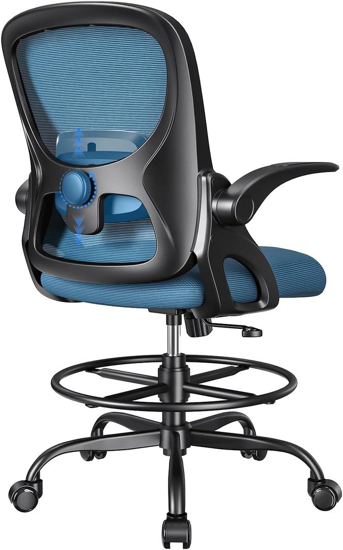 Drafting Chair,Tall and Standing Desk Chair with Flip-up Armrests, Ergonomic Comfy Lumbar Support and Adjustable Footrest Ring Office/Computer Chair (Black-Blue) (with Foot Ring)