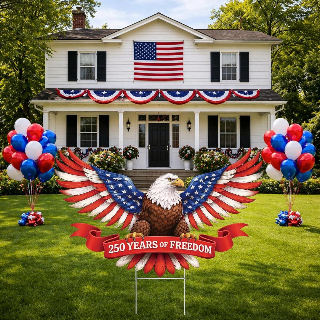 4th of July Decoration Outdoor 250th Anniversary Yard Sign Freedom America Patriotic Eagle Garden Stakes Independence Day Lawn Porch Decor for Home Party Pathway Front Door Yard Patio Decor