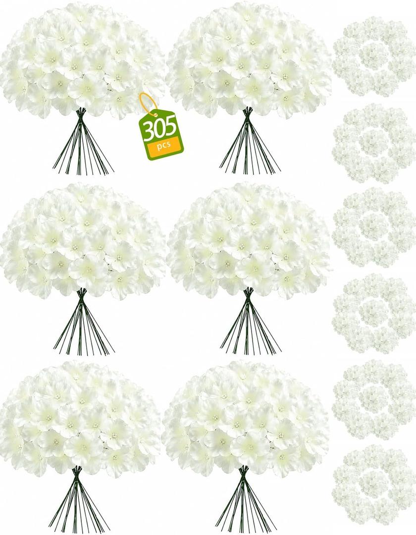 305PCS Ivory Hydrangea Artificial Flowers Bulk with Stems, Silk Fake Hydrangea Heads for Wedding Centerpieces, Home Decor, Outdoor Party, Table Arrangements, DIY, Bouquet