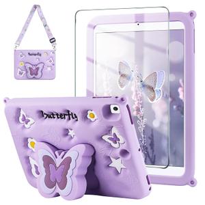 Wollony for iPad 9.7 Case iPad 6th 5th Generation Cases with Screen Protector Shoulder Strap Butterfly Wings Stand Cute Cartoon Silicone Cover for Girls Kids for iPad Air 2th Case 9.7'' 2018 Purple