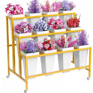 Asee'm Flower Display Stand with 12 Buckets, 3 Layer Metal Flower Bar Stand with Wheels Heavy Duty Moving Flowers Cart Display Bloom Bar for Florist Indoor Outdoor Patio Garden Wedding Dector Gold