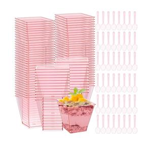 Mifoci 50 Sets Dessert Cups with Spoons, Square Disposable Plastic Parfait Bowl, Elegant Clear Dessert Cups for Fruit Ice Cream for Wedding Bridal Shower Baby Shower Graduation Birthday (8 oz,Pink)