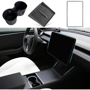 TOPABYTE 3PCS Center Console Accessories for Tesla New Model Y Juniper 2025 Model 3 Highland 2024 Cup Holder Insert, Screen Edge Protector Frame, Wireless Charger Mat Silicone, Black