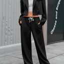 Fisoew Women's 2 Piece Outfits Casual Crop Blazer Jackets Loose Wide Leg Pants Fall Dressy Business Work Suit Sets (Black)