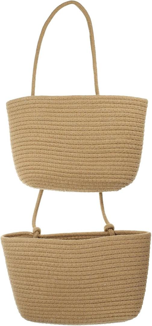 PATIKIL Hanging Basket Over The Door, 2-Tier Hanging Woven Cotton Rope Wall Mounted Storage Baskets Organizer Decorative for Books Flowers Closet Living Room Kitchen, Khaki