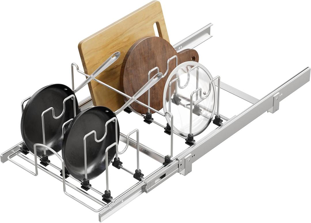 Pull Out Pots and Pans Organizer Under Cabinet, Sliding Adjustable Pot Rack with 11 Adjustable Dividers, Chromeplating Pot and Pan Holder Rack, Full-Extension Rail 15" W X 22" D