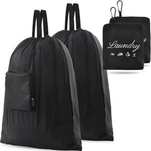 2 Pcs Travel Laundry Bag, JHX Dirty Clothes Bag Upgraded with Handles and Aluminum Carabiner, Collapsible Laundry Bag for Travel, Camp, Fitness, and StudentsBlack 24"L x 21"W