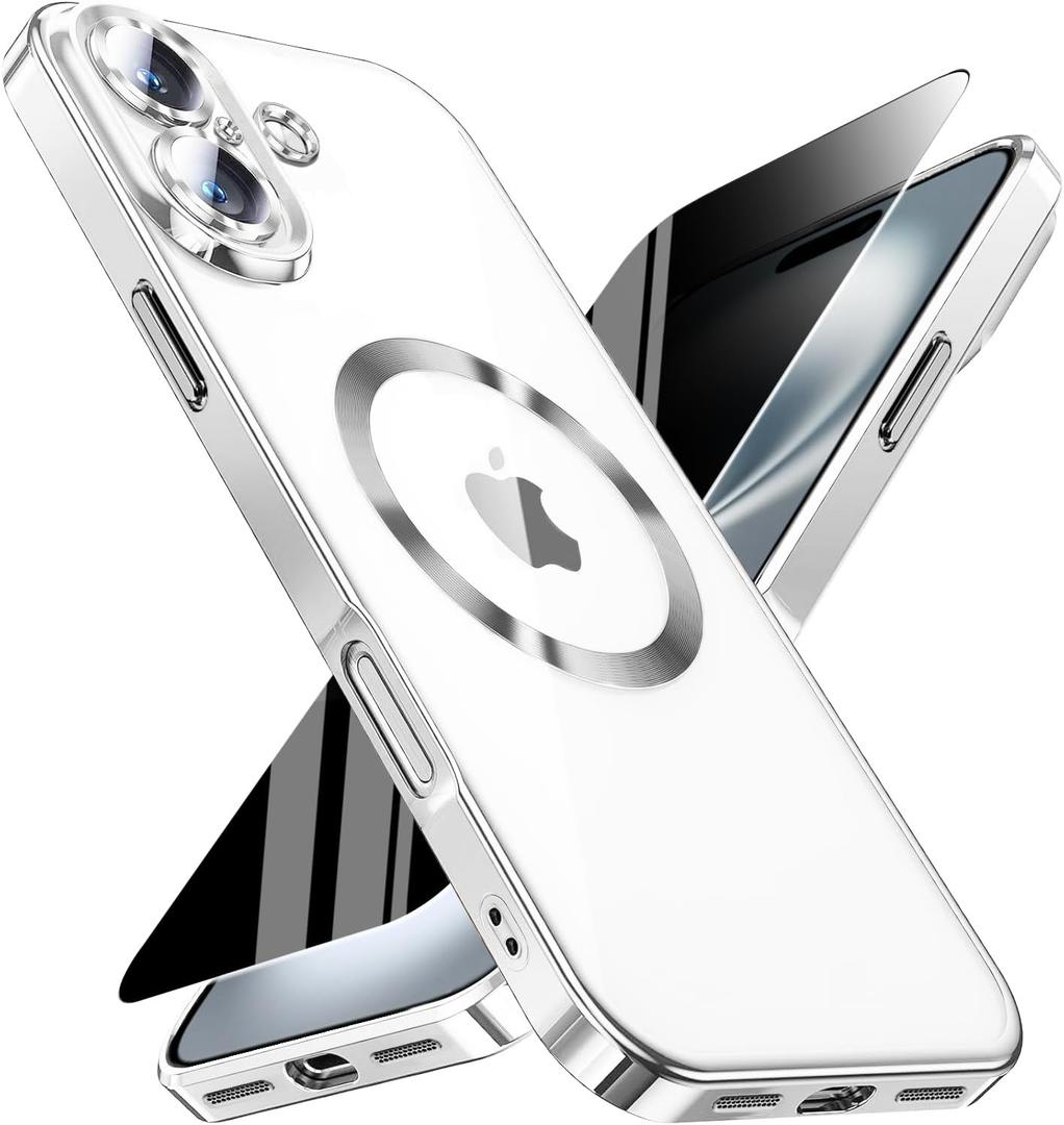Magnetic for iPhone 16 Case with Privacy Screen Protector & Full Camera Cover,[Non-Yellowing] Plating Glossy Soft Shockproof Clear Phone Case with MagSafe Women Girls for iPhone16 6.3,Sliver