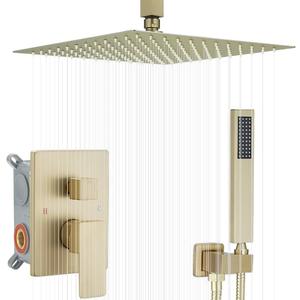 16 Inch Ceiling Mount Brushed Gold Shower System Bathroom Luxury Rain Mixer Shower Combo Set Ceiling Rainfall Shower Head System (Contain Shower Faucet Rough-in Valve Body and Trim Kit)