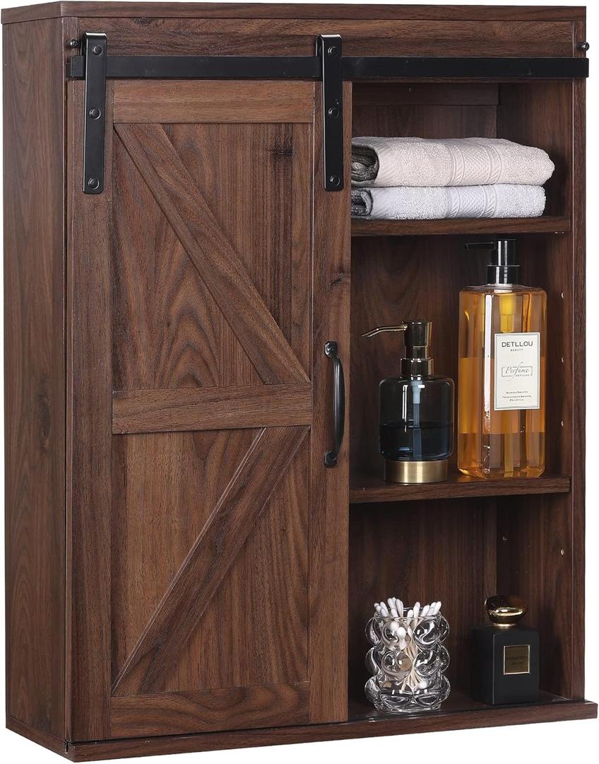 RUSTOWN Farmhouse Wood Wall Storage Bathroom Cabinet with Sliding Barn Door, Rustic Medicine Cabinet with Adjustable Shelf, 3-Tier Vintage Cabinet for Kitchen Dining, Bathroom, Living Room (Walnut)