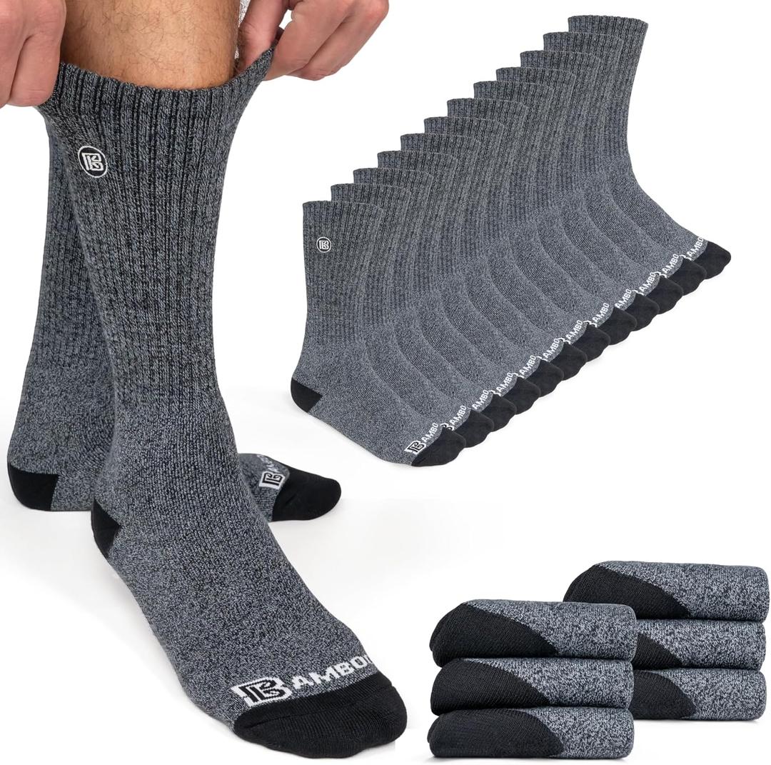 Premium Bamboo Rayon Crew Work Socks- Moisture Wicking, Odor Eliminating Heather Gray Crew Socks for Men Size 9-12 - 6 Pair