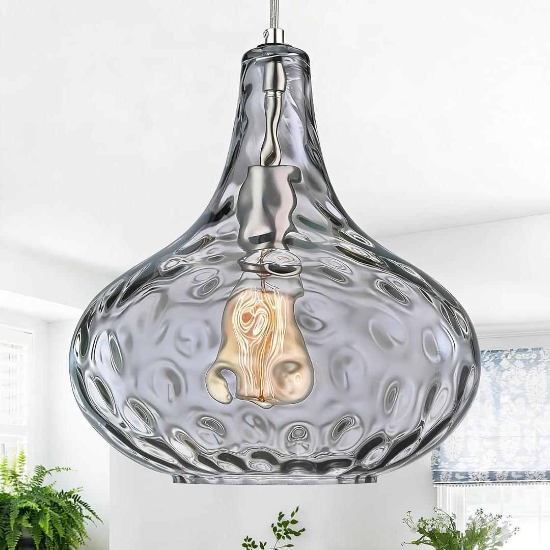 11" Smoked Hammered Glass Pendant Light, Brushed Nickel Kitchen Island