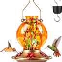 BOLITE Hummingbird Feeder, Hand Blown Glass Hummingbird Feeders for Outdoors Hanging, with Ant Moat and 5 Feeding Ports, 20 Ounces, Meshy Texture Ball Shape Bottle, Orange, Gifts for Women Men