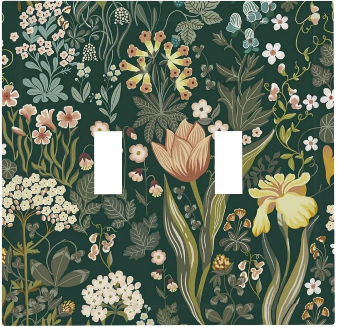 Light Switch Cover Vintage Floral Green Plant 2 Gang Wall Plate Double Light Switch Plate Botanical Flower Toggle Decorative Outlet Covers Electrical Switchplate for Bathroom Bedroom Decor (2-Gang Toggle / 5 x 4.9 IN)