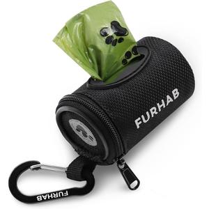 Dog Poop Bag Holder for Leash Doggie Waste Bag Dispenser Soft Fabric Puppy Potty Carrier Small Doggy Zipper Pouch with Carabiner Clip with 1 Roll of Pet Trash Bags, Black