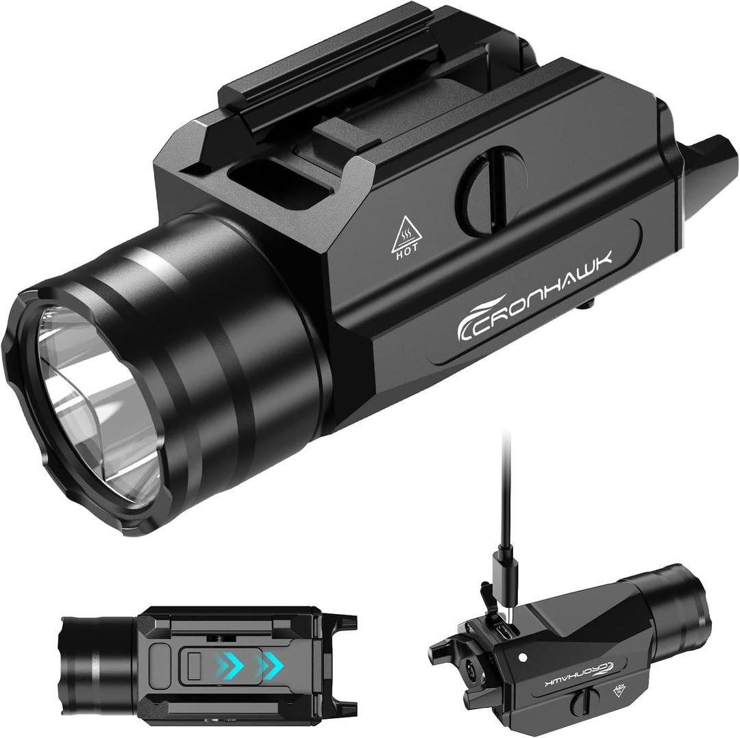 Rechargeable Pistol Light, 1350 Lumen Rail Mounted Tactical Gun Flashlight with Strobe Function and Adjustable Rail Locating Key Fit 1913 Picatinny, Black