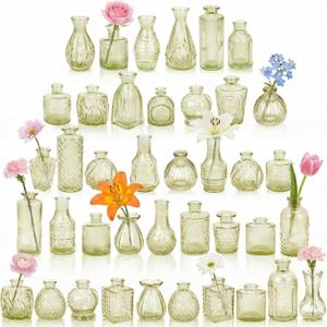 Glass Bud Vases in Bulk Set of 40, Green Small Mini Vases for Flowers, Vintage Vase for Centepiece,Wedding, Table Decor, Baby Shower, Christmas, Home and Events Green, 40