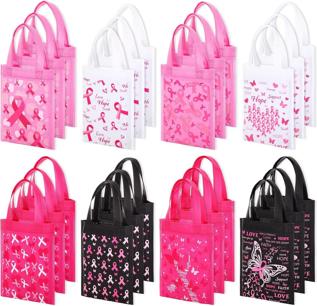 Faccito 24 Pcs Breast Cancer Gift Bags Pink Ribbon Gift Bag with Handles Pink Ribbon Tote Bags Reusable Breast Cancer Awareness Bulk Item for Women Nurse Breast Cancer Survivor Party Gift