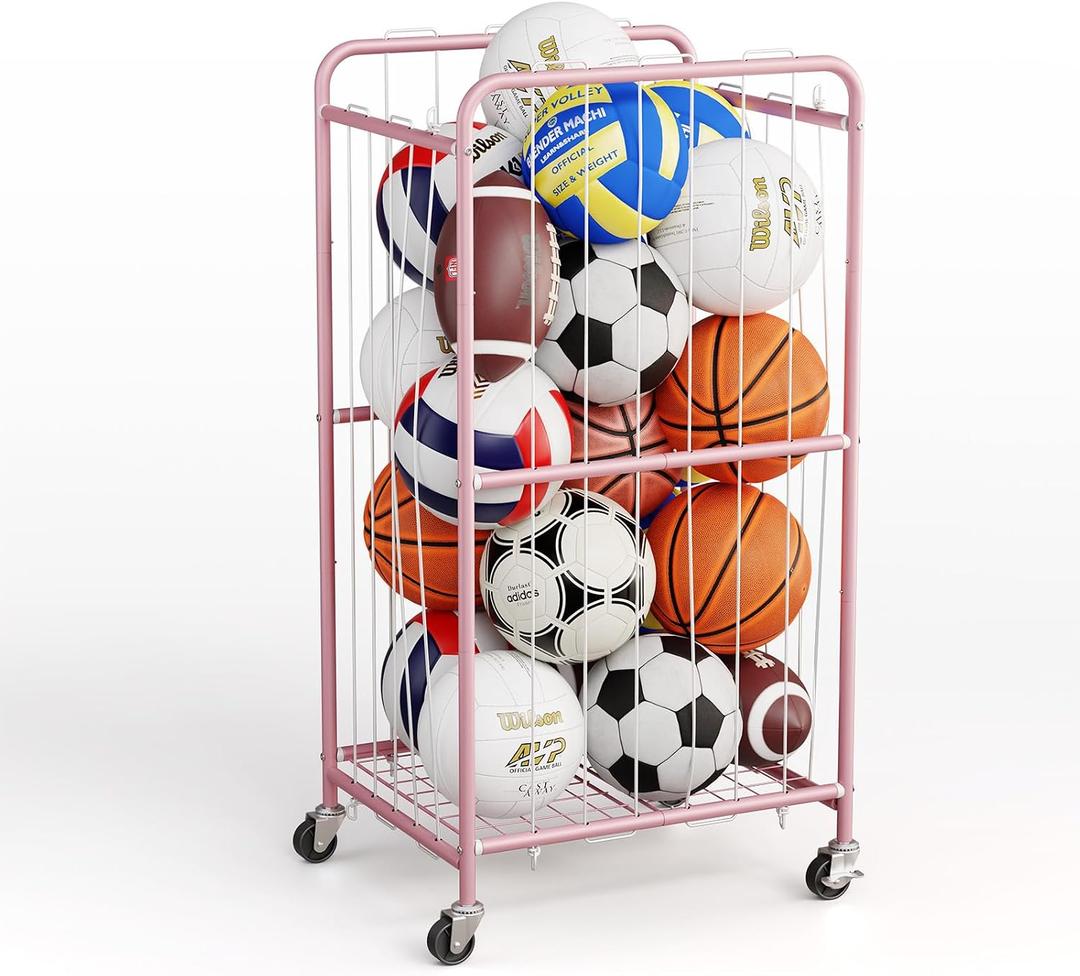 Olldide 43-Inch Large Ball Storage Basket with Wheels, Rolling Cart Sports Equipment Garage Organizer with Elastic Rope for Easy Access, Holder for Basketball, Soccer, Volleyball, Football