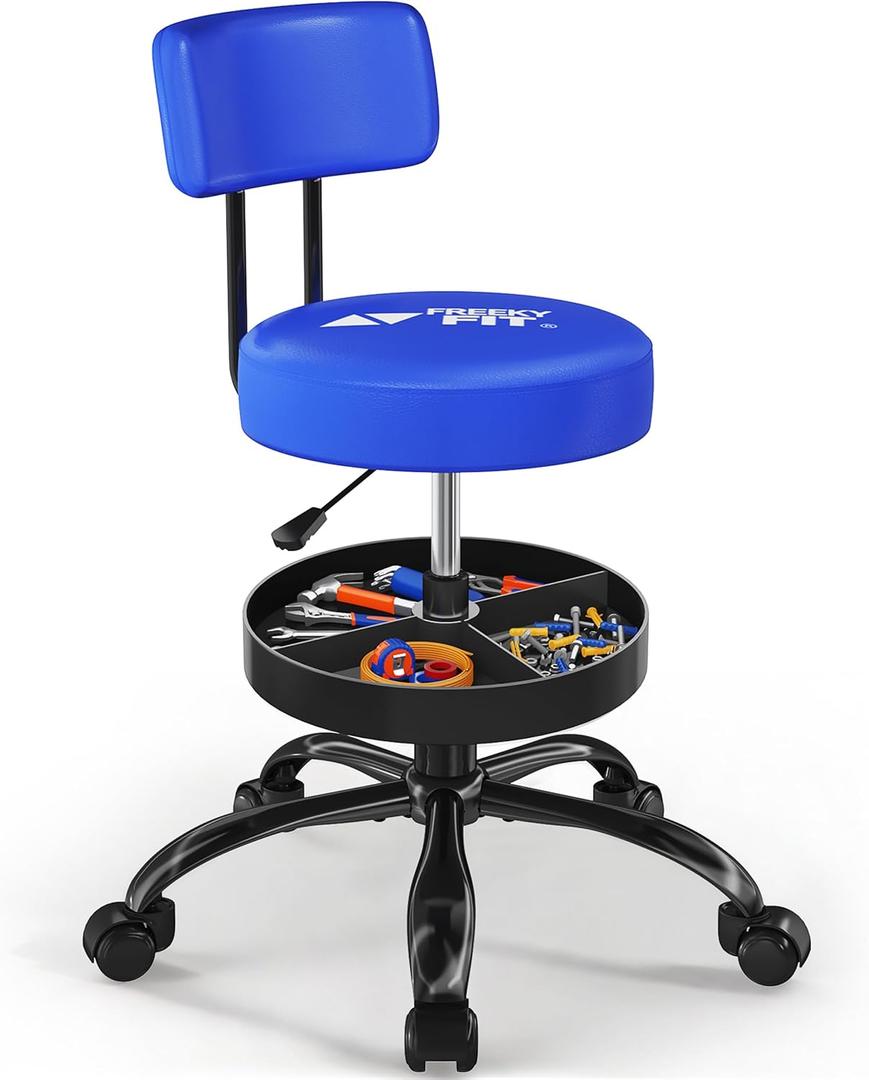Rolling Shop Stool with Wheels, Garage Work Mechanic Stool, Blue, Round Base