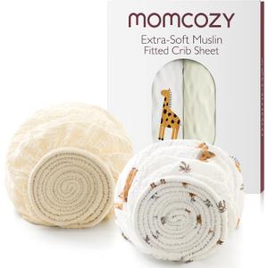 Momcozy Muslin Mini Crib Sheets Fitted - 38''x26'' Pack and Play Sheets for Pack N Play Mattress, 2 Pack Soft & Breathable Natural Cotton Non Slip Bed Cover for Boys, Girls, Bravery Giraffe