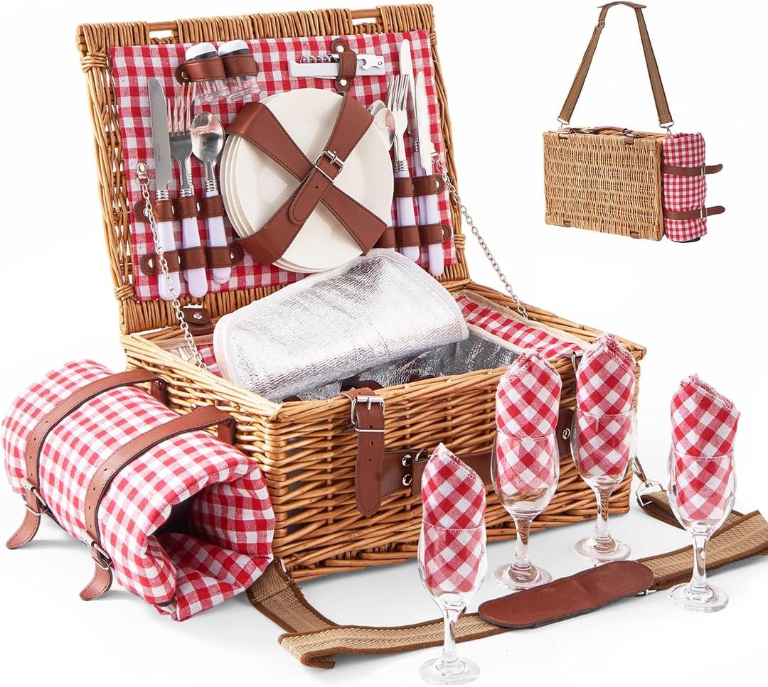 Willow Picnic Basket with Blanket for 4, Insulated Wicker Picnic Basket Set with Cooler Compartment, Plates, Wine Glasses, Cutlery & Napkins, Family Picnic Hamper for Camping, Park, Outdoor