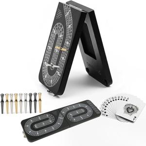 Foldable Wooden Cribbage Board Game Set - Unique S-Shaped 3 Track Black Cribbage Board with Storage, 9 Metal Pegs & Playing Cards - Portable Travel Board Game for Adults, Kids & Seniors