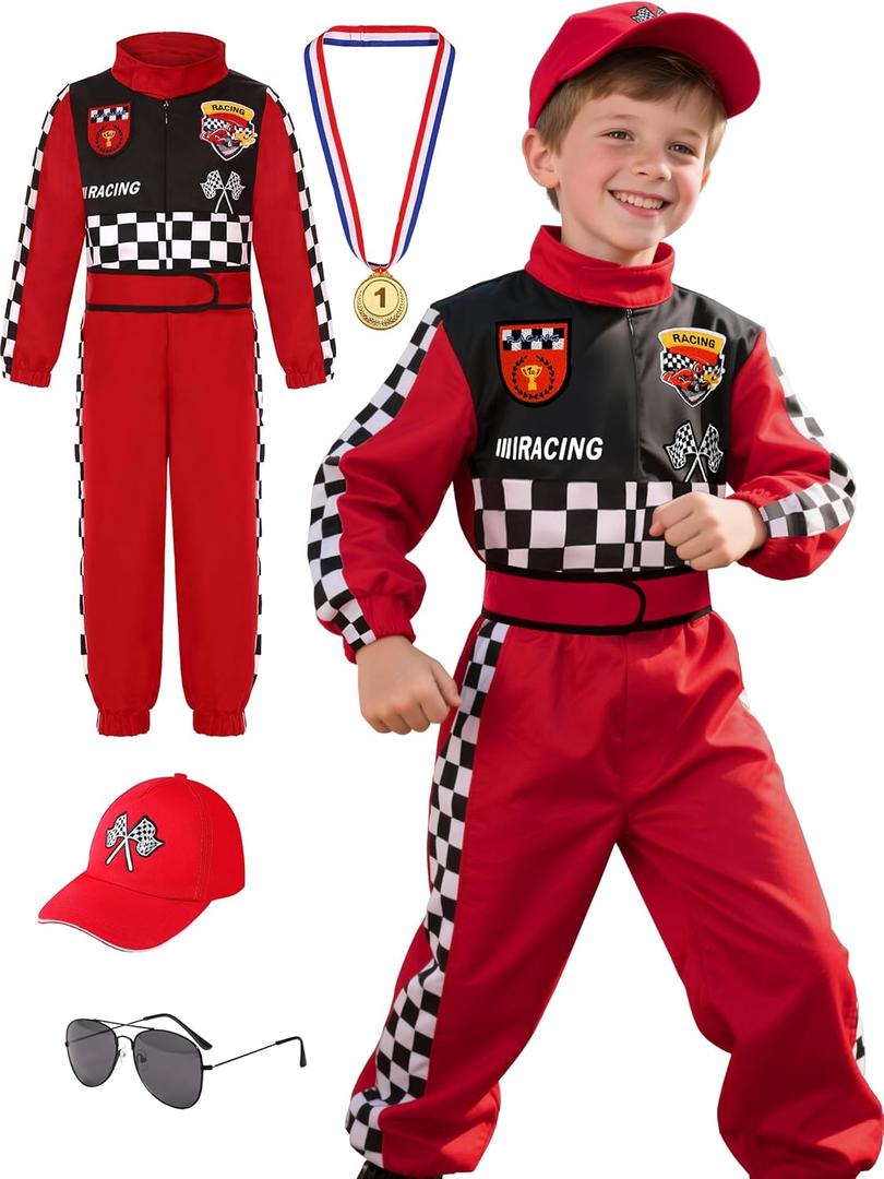 Kids Race Car Driver Costume Boys Girls Racer Jumpsuit With Car Cap Kids Dress Up for Halloween (9-10 Years)