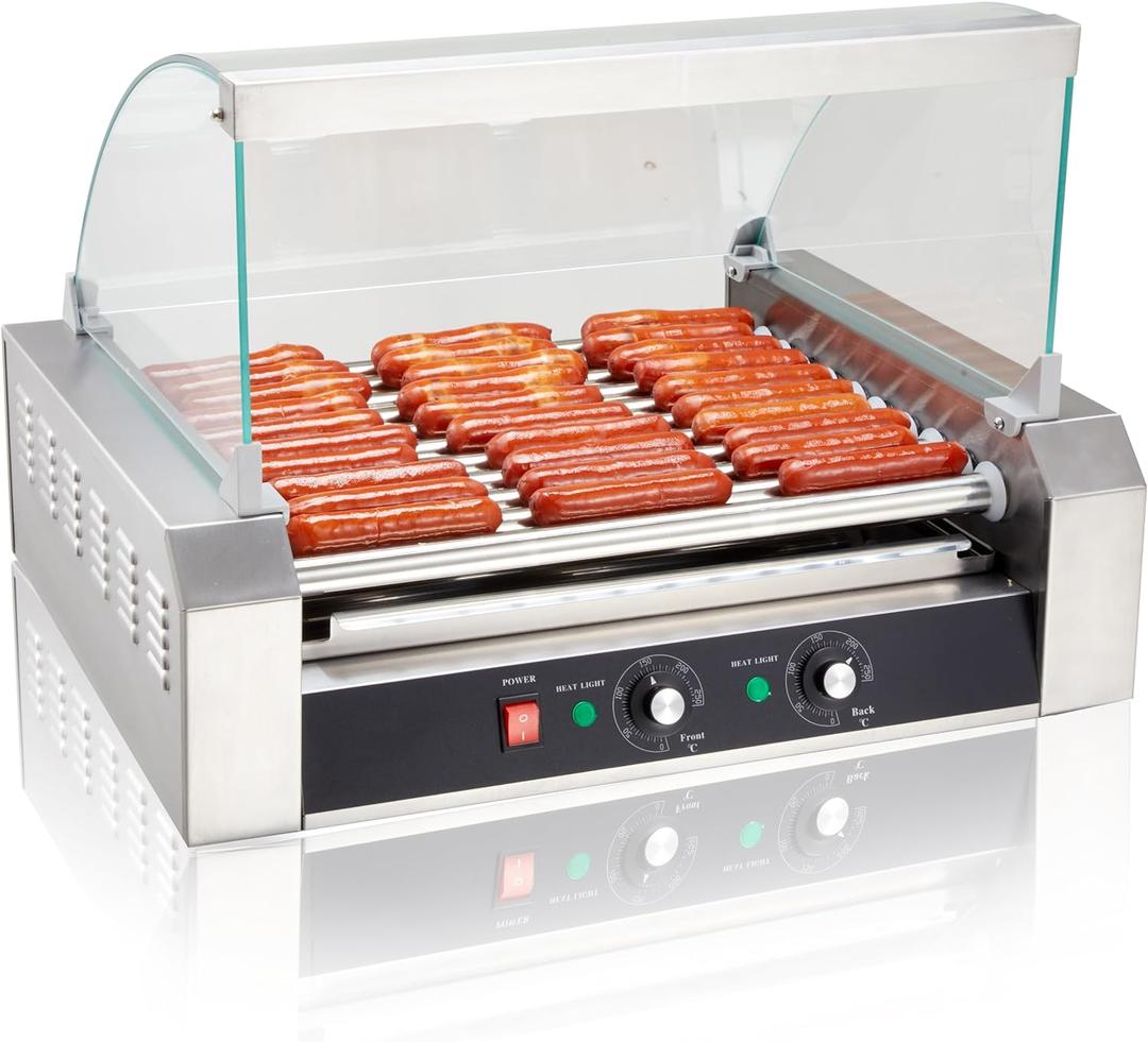 SYBO Hot Dog Roller, 30 Hot Dogs 11 Rollers Grill Cooker Machine with Removable Stainless Steel Drip Tray and Glass Hood Cover, 1430-Watts, Perfect for Commercial And Party